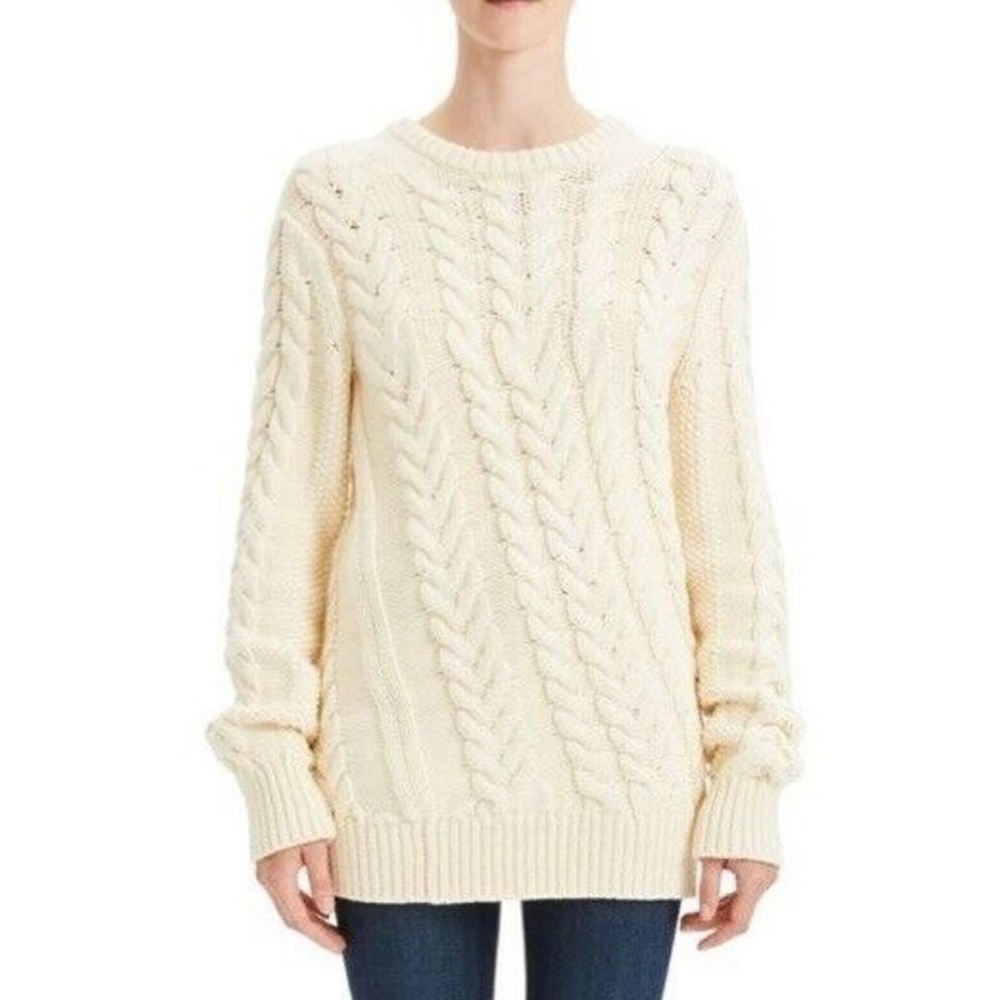 Theory Ivory Twisting Cable Knit Crewneck Sweater